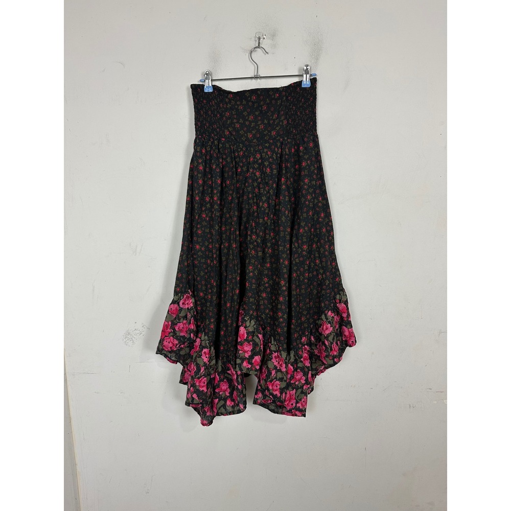 Natural Life Women Small Black Floral Smocked Handkerchief Hem Cotton Skirt